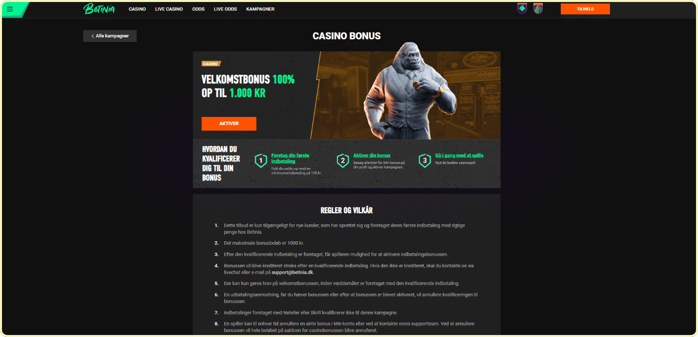 Casino velkomstbonus hos Betinia