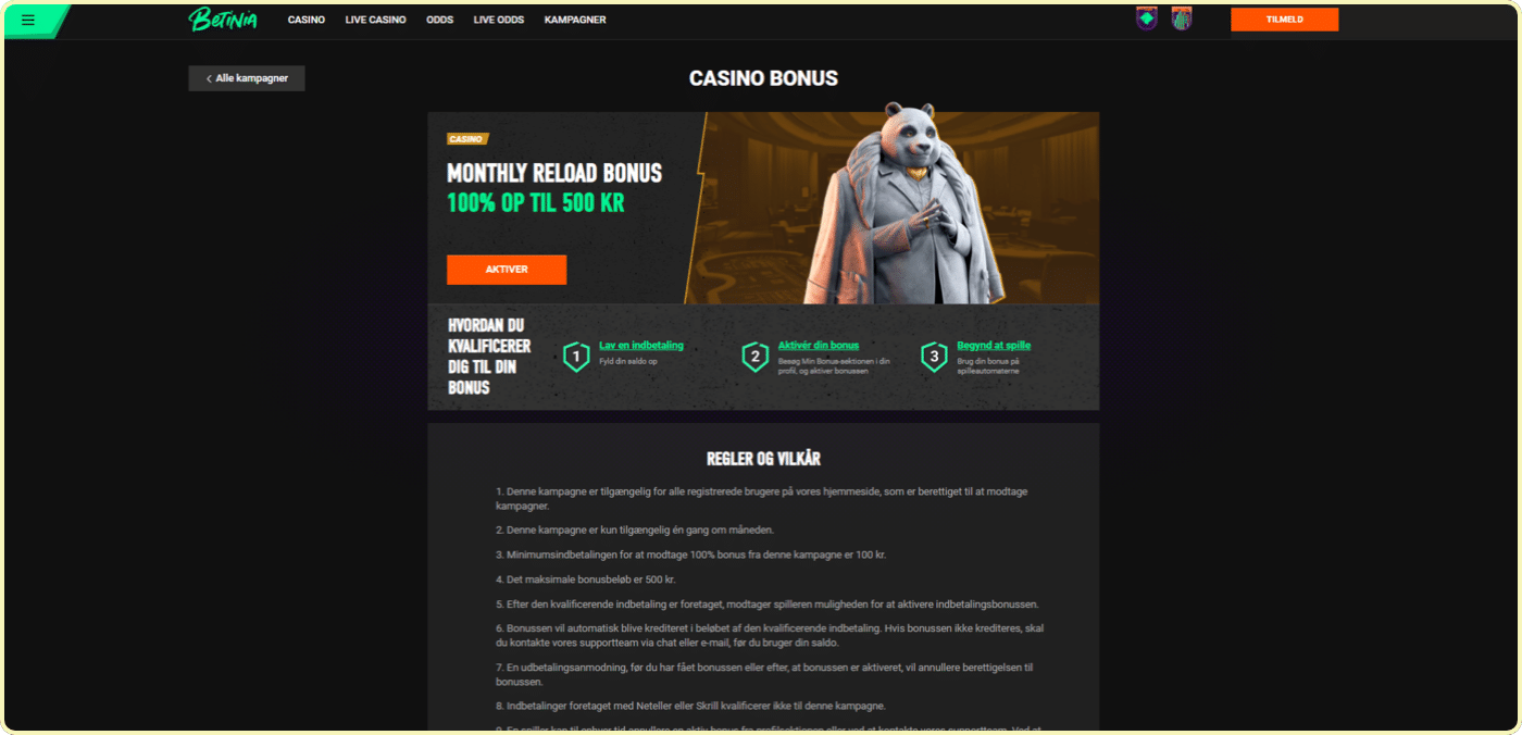 Betinia casino reload bonus
